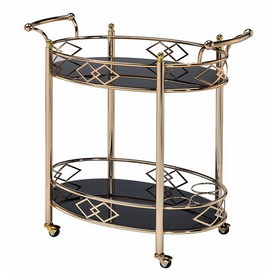 Benzara BM194345 Metal Framed Serving Cart with Tempered Glass Top and Open Bottom Shelf, Gold and Black