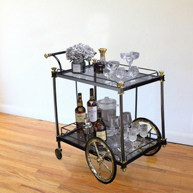 Benzara BM194350 Metal Framed Serving Cart with Glass Shelves and Side Handle, Black and Gold