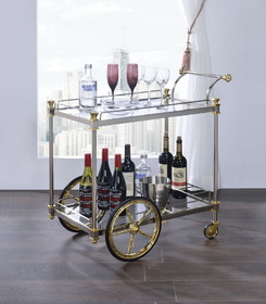 Benzara BM194351 Metal Framed Serving Cart with Glass Shelves and Side Handle, Silver and Gold