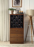 Benzara BM194371 Wooden Wine Cabinet with Wine Bottle Rack and Three Drawers, Brown and Black