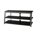 Benzara BM194845 Metal Framed TV Stand with Tempered Glass Shelves and Top, Black and Gray
