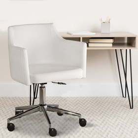 Benzara BM194853 Faux Leather Upholster Metal Swivel Chair with Low Profile Back, White and Silver