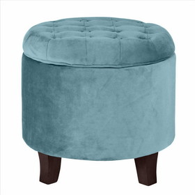 Benjara BM194925 Button Tufted Velvet Upholstered Wooden Ottoman with Hidden Storage, Blue and Brown