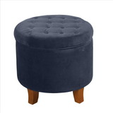 Benjara BM194928 Button Tufted Velvet Upholstered Wooden Ottoman with Hidden Storage, Dark Blue and Brown