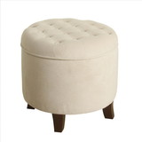 Benjara BM194931 Button Tufted Velvet Upholstered Wooden Ottoman with Hidden Storage, Cream and Brown