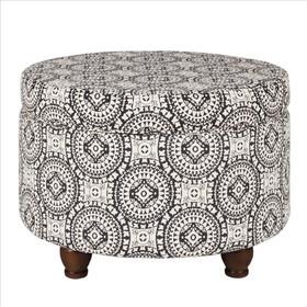 Benjara BM194943 Medallion Pattern Fabric Upholstered Ottoman with Wooden Bun Feet, Cream and Black