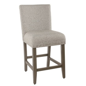 Benzara BM195192 - Fabric Upholstered Wooden Counter Stool with Striking Nail head Trims, Gray and Brown
