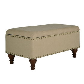 Benjara BM195759 Fabric Upholstered Wooden Storage Bench With Nail head Trim, Large, Beige and Brown