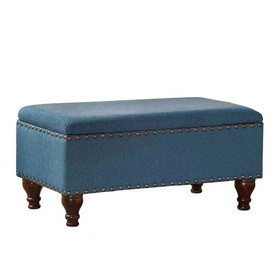 Benjara BM195760 Fabric Upholstered Wooden Storage Bench With Nail head Trim, Large, Blue and Brown