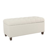 Benjara BM195765 Fabric Upholstered Button Tufted Wooden Bench With Hinged Storage, White and Brown