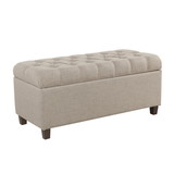 Benjara BM195767 Fabric Upholstered Button Tufted Wooden Bench With Hinged Storage, Beige and Brown