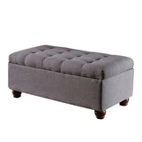 Benjara BM195775 Fabric Upholstered Tufted Storage Bench With Wooden Bun Feet, Gray and Brown