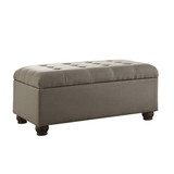 Benjara BM195776 Textured Fabric Upholstered Button Tufted Storage Bench With Wooden Bun Feet, Gray and Brown