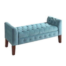 Benjara BM195779 - Velvet Upholstered Button Tufted Wooden Bench Settee With Hinged Storage, Teal Blue and Brown