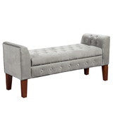 Benjara BM195781 Velvet Upholstered Button Tufted Wooden Bench Settee With Hinged Storage, Gray and Brown
