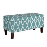 Benjara BM195790 Quatrefoil Print Fabric Upholstered Wooden Bench With Hinged Storage, Large, Teal Blue and Cream