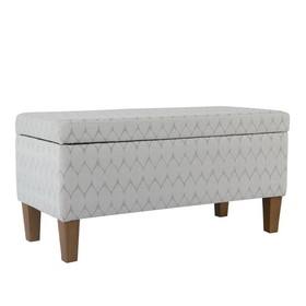 Benjara BM195791 Geometric Patterned Fabric Upholstered Wooden Bench with Hinged Storage, Large, Gray and Brown