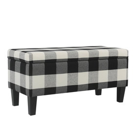 Benjara BM195794 Checkered Pattern Fabric Upholstered Storage Bench With Tapered Wood Legs, Large, Black and White