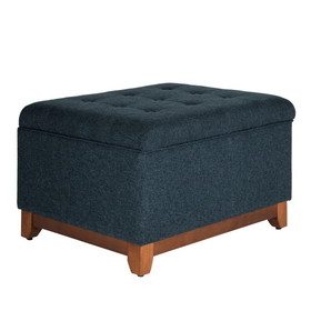 Benjara BM195798 Textured Fabric Upholstered Wooden Ottoman With Button Tufted Top, Blue and Brown
