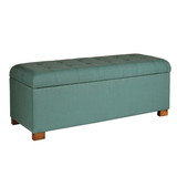 Benjara BM195808 Polyester Upholstery Bench With Button Tufted Hinged Lid Storage And Wood Feet, Large, Teal
