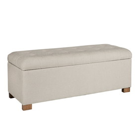 Benjara BM195809 Polyester Upholstery Bench With Button Tufted Hinged Lid Storage And Wood Feet, Large, Light Gray