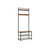 Benjara BM195839 Wood and Metal Frame Hall Tree with Slatted Shelves, Rustic Brown and Black