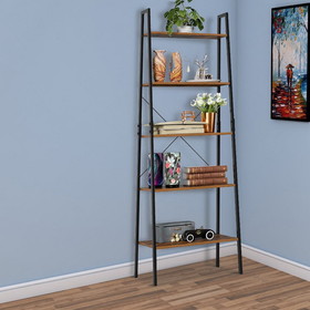 Benjara BM195846 Five Tiered Rustic Wooden Ladder Shelf with Iron Framework, Brown and Black