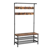 Benjara BM195871 Metal Coat Rack with Wooden Bench and Two Wire Meshed Shelves, Brown and Black
