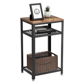 Benjara BM195880 Industrial Style Iron and Wood Side Table with Two Tier Mesh Shelves, Black and Brown