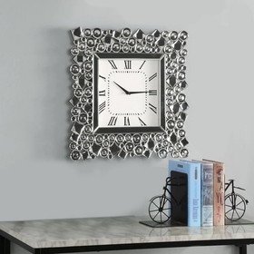 Benjara BM196012 Wood and Mirror Wall Clock with Glass Crystal Gems, Clear and Black