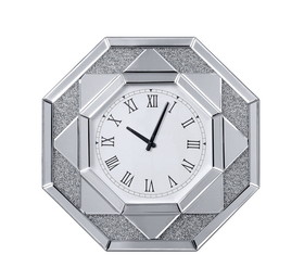 Benjara BM196013 Octagonal Shaped Mirrored Frame Wall Clock with Faux Crystal Inlay, Silver