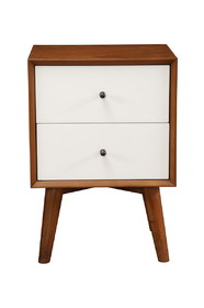 Benjara BM196019 Stylish Wooden Nightstand With Two Drawers and Flared Legs, Brown and White