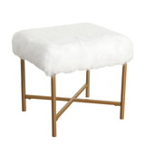 Benjara BM196055 Square Faux Fur Upholstered Stool with Tubular Metal Legs and X Shape Base, White and Gold
