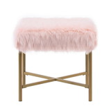 Benjara BM196056 Square Faux Fur Upholstered Ottoman with Tubular Metal Legs and X Shape Base, Pink and Gold