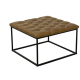 Benjara BM196081 Metal Framed Ottoman with Faux Leather Upholstered Button Tufted Seat, Brown and Black