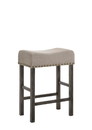 Benjara BM196677 Wooden Counter Height Stool with Linen Upholstered Saddle Seat, Set of 2, Beige and Gray