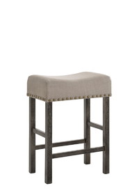 Benjara BM196677 Wooden Counter Height Stool with Linen Upholstered Saddle Seat, Set of 2, Beige and Gray