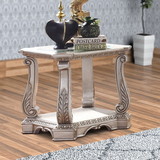 Benjara BM196703 Antique Wooden End Table with Polyresin Engravings and Glass Top, Silver and Clear