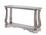 Benjara BM196704 Antique Sofa Table with Polyresin Engravings and Clear Glass Top, Silver and Clear