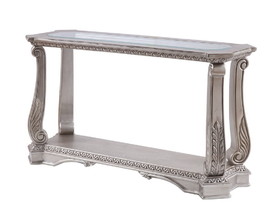 Benjara BM196704 Antique Sofa Table with Polyresin Engravings and Clear Glass Top, Silver and Clear