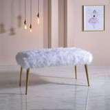 Benjara BM196715 Modern Style Faux Fur Upholstered Metal Bench with Tapered Legs, White and Gold