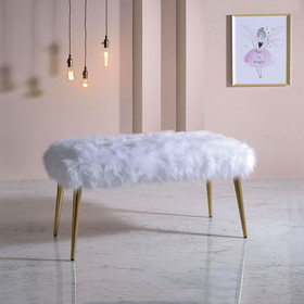 Benjara BM196715 Faux Fur Bench with Angled Metal Legs, White and Gold