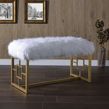 Benjara BM196716 Modern Style Faux Fur Upholstered Bench with Geometrical Side Panels, White and Gold