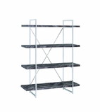 Benzara BM196775 4 Shelve Wood and Metal Bookcase with X shape Back Support, Gray and Silver