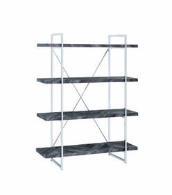 Benzara BM196775 4 Shelve Wood and Metal Bookcase with X shape Back Support, Gray and Silver