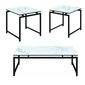 Benzara BM196797 3 Piece Metal Base Occasional Table Set with Faux Marble Top, Black and White