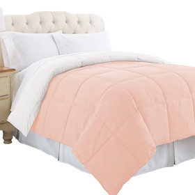 Benzara BM202040 Genoa Twin Size Box Quilted Reversible Comforter , White and Pink