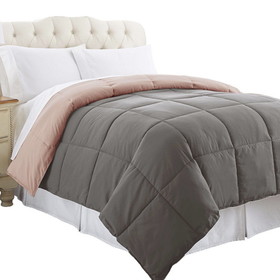 Benzara BM202043 Genoa Twin Size Box Quilted Reversible Comforter , Gray and Pink