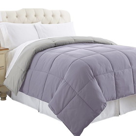 Benzara BM202045 Genoa Twin Size Box Quilted Reversible Comforter , Purple and Gray