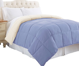 Benzara BM202046 Genoa Queen Size Box Quilted Reversible Comforter, Blue and Cream
